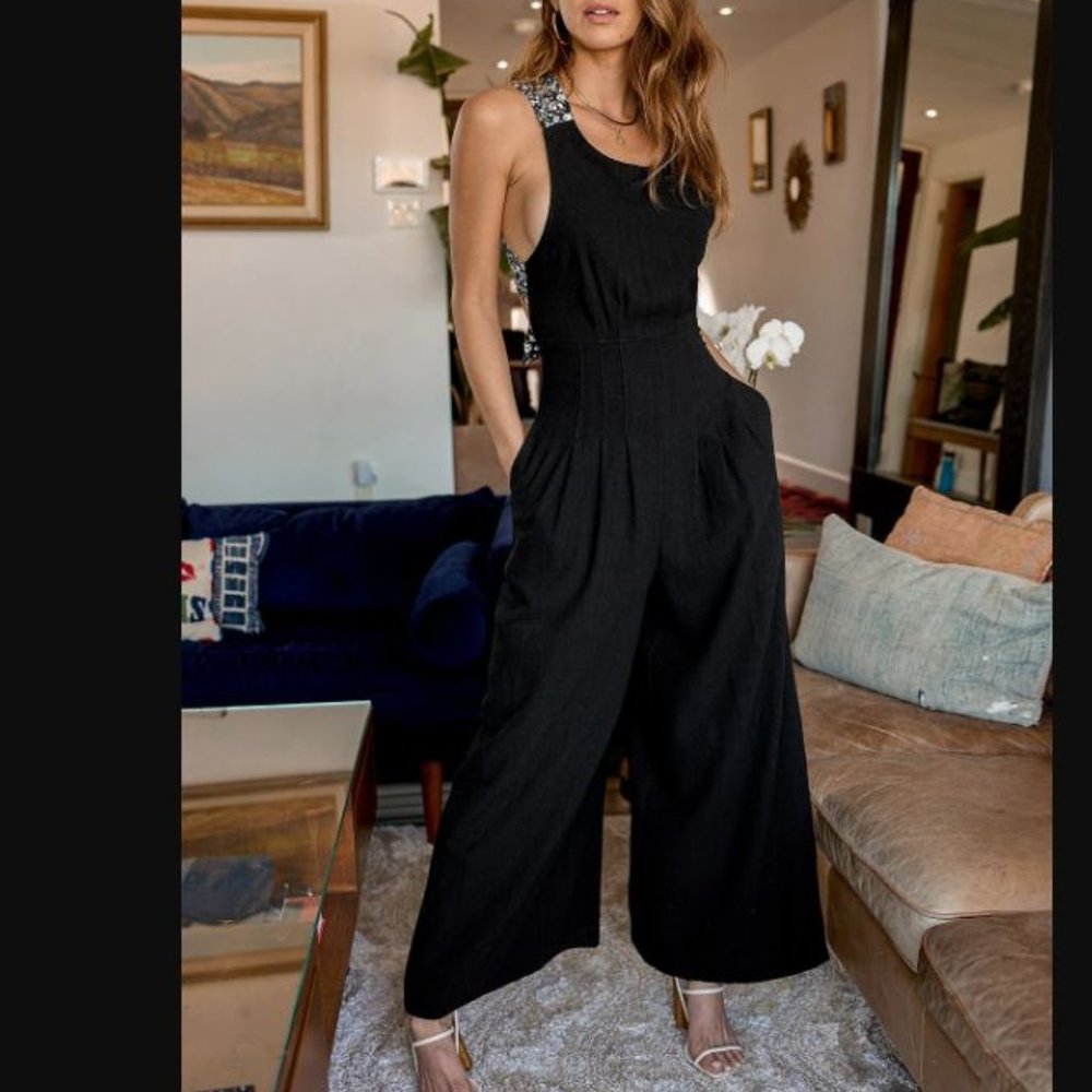 Budding Impression Black Floral Print Tie-Back Wide-Leg Jumpsuit